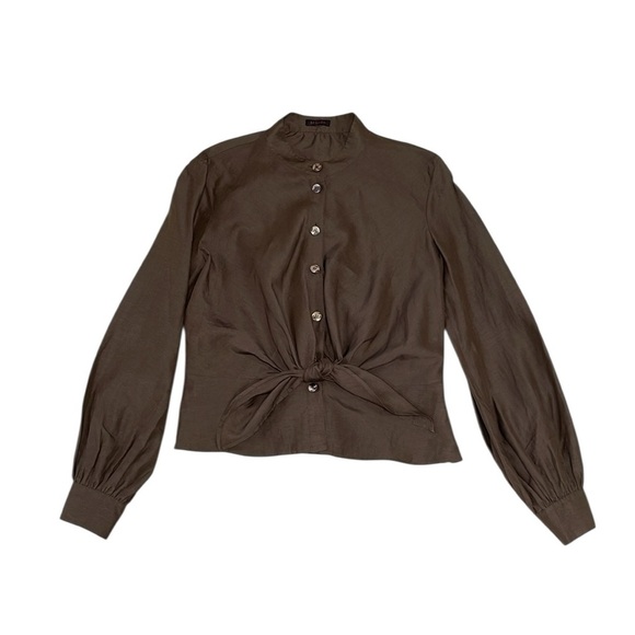 ESCADA Blouse Top Shirt Brown Linen Silk Button Front Tie Peplum Size Small - Picture 5 of 16